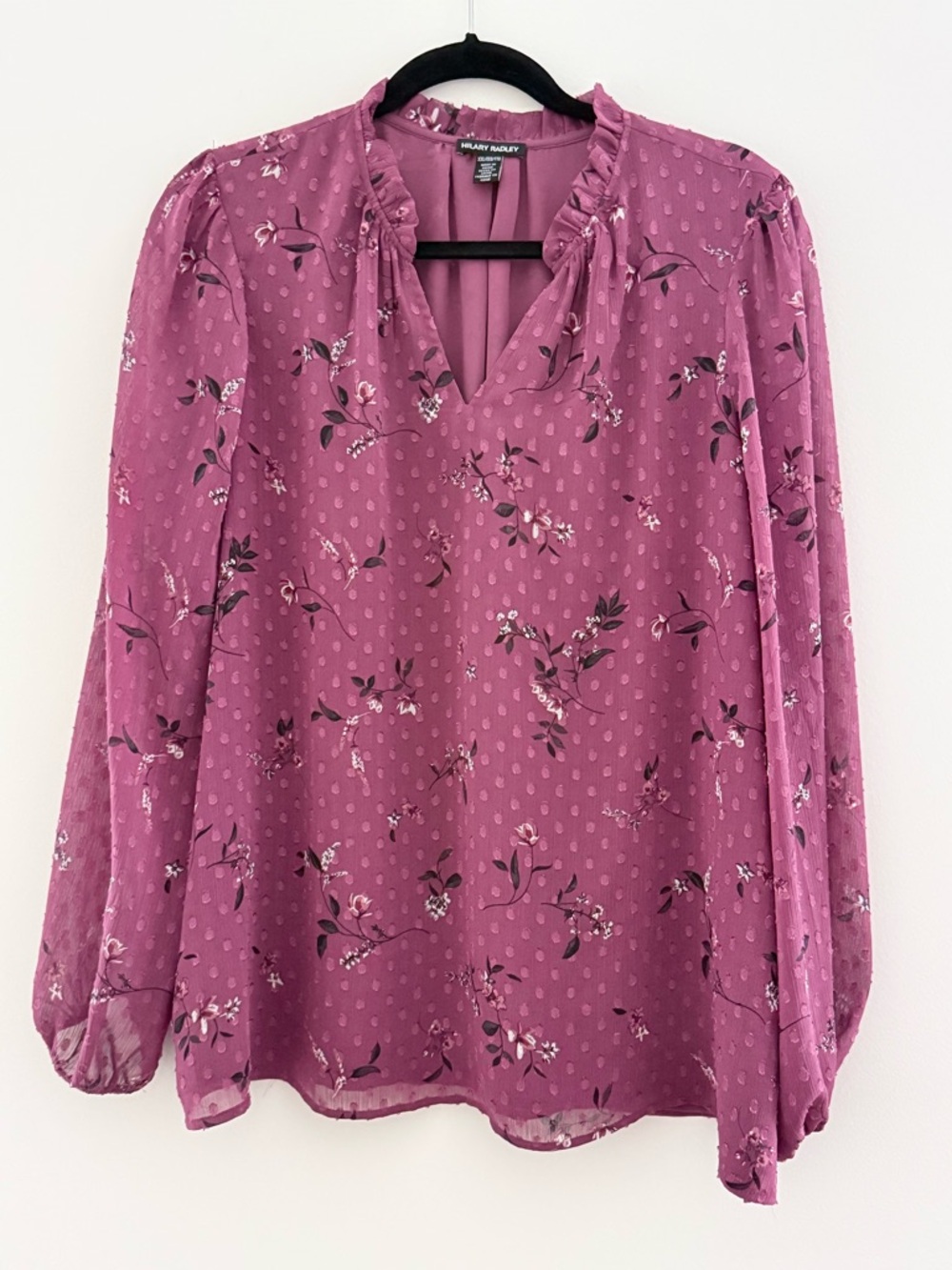 Hilary Radley Mauve Floral V-Neck Ruffle Blouse